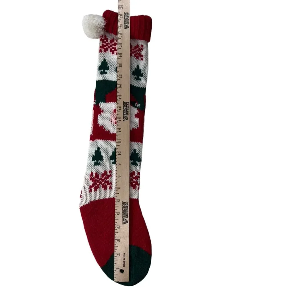 Vintage Knit Santa Claus Stocking Pom Pom Skinny Long Red Green Nostalgia Argyle